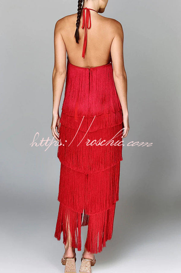 Sexy Halterneck Backless Elegant Fringe Maxi Dress