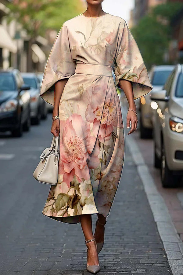 Unique Print Batwing Sleeve Waisted Casual Midi Dress