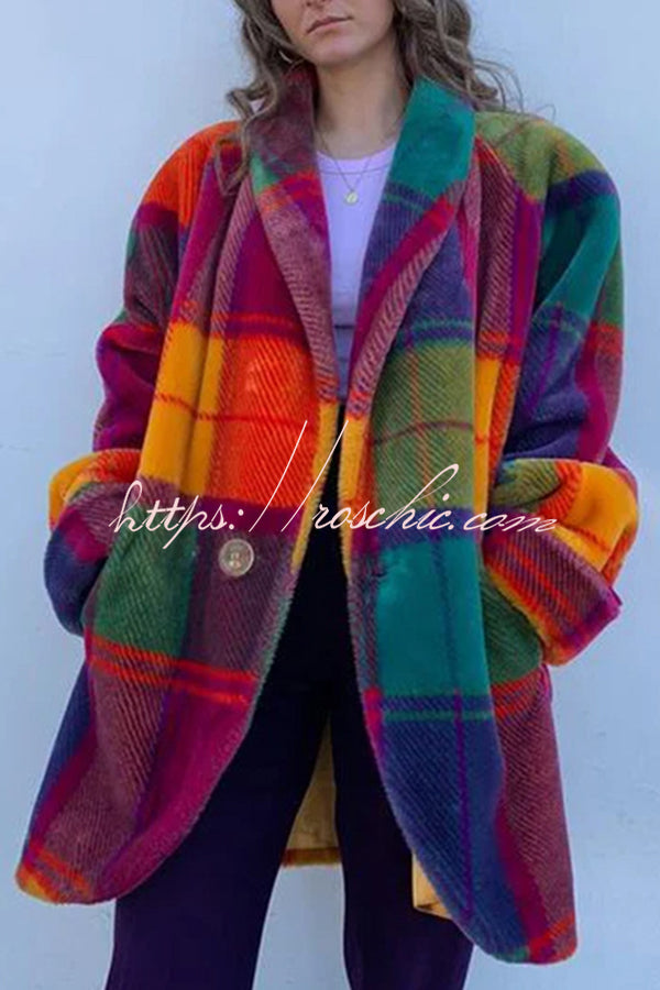 Show Stopping Plush Lined Lapel Color Blocked Long Sleeved Coat