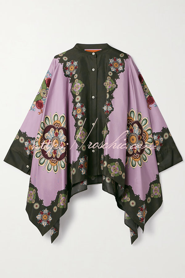 Satin Unique Print Loose Batwing Sleeve Top and Elastic Waist Pocket Casual Wide-leg Pants Set