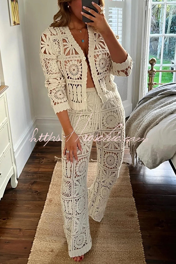 Summer Vacation Style Hollow Long-sleeved Knitted Cardigan Top