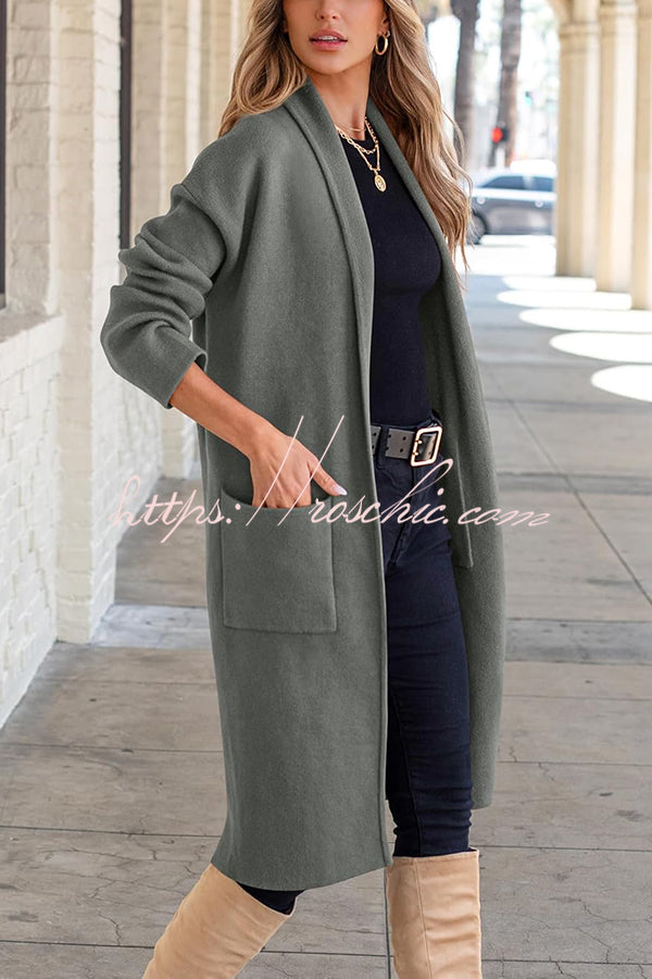 Solid Color Long-sleeved Casual Loose Pocket Mid-length Cardigan