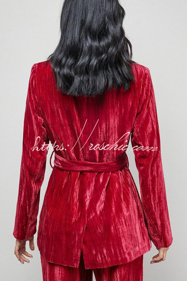 Solid Color Velvet Long-sleeved Waist Tie Top and Elastic Waist Casual Pocket Straight-leg Pants Set