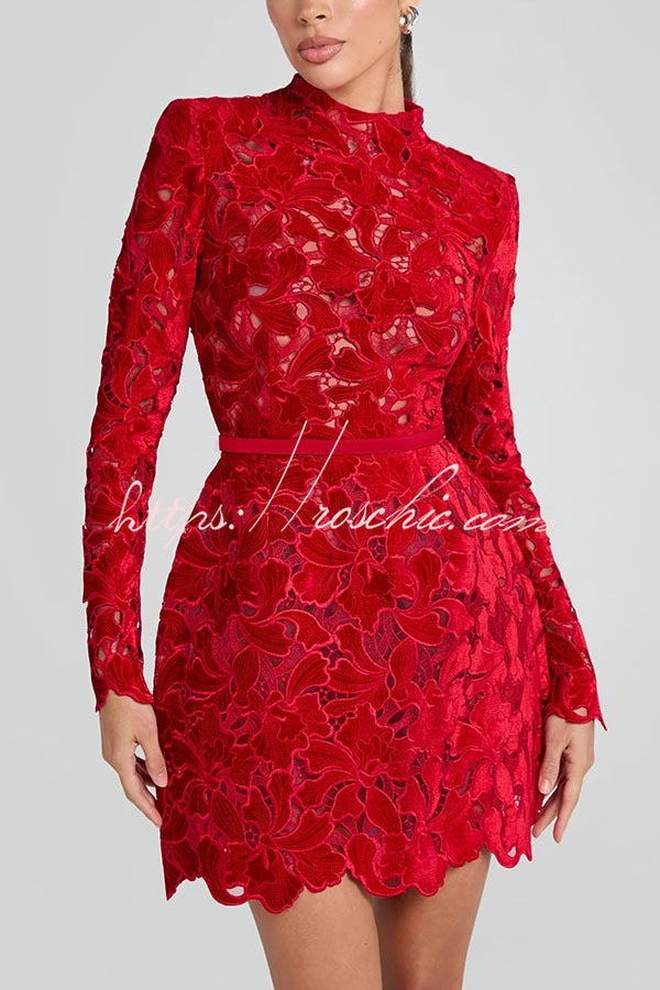 Lydia Embroidered Floral Lace Long Sleeve Belt Tulip Shaped Mini Dress