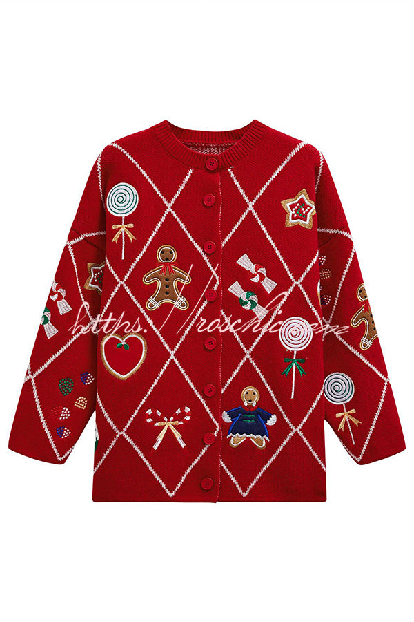 Argyle Candy Gingerbread Man Embroidered Button-knit Cardigan