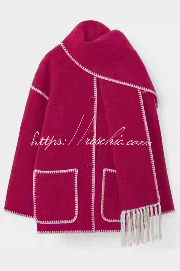 Stylish Loose Pocket Long Sleeve Coat and Warm Fringed Scarf