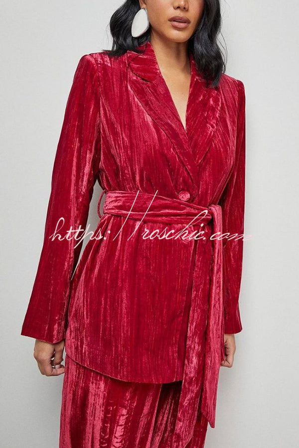 Solid Color Velvet Long-sleeved Waist Tie Top and Elastic Waist Casual Pocket Straight-leg Pants Set