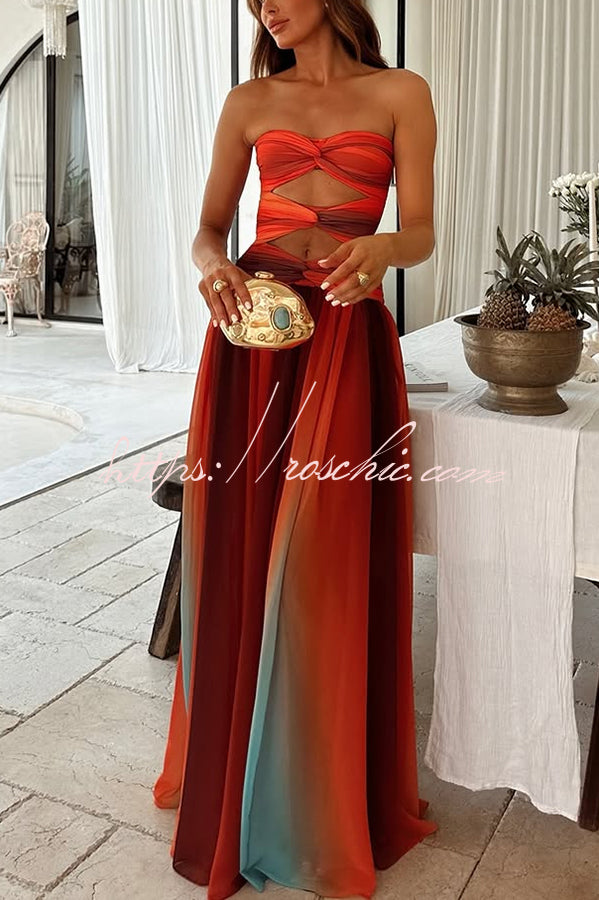 sardinian midi dress Sardinia Sunset Mesh Printed Twist Cutout Off Shoulder Vacation Maxi Dress, Orange / S