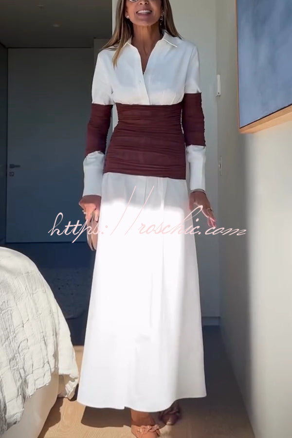 Fashionable Pleated Contrast Patchwork Waist Long Sleeve Button Shirt Maxi Dress