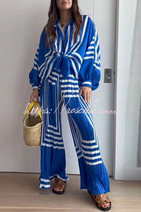 Vacation Chic Attitude Geometric Print Oversized Shirt and Elasticated Wide Leg Pants