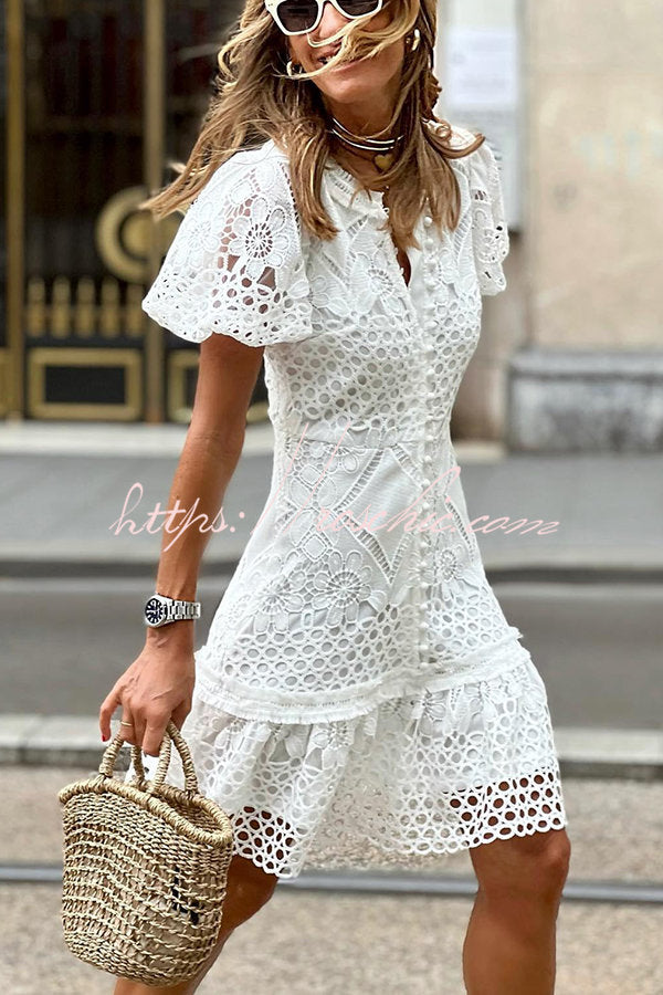 crochet button dress Sweet Valor Lace Puff Sleeve Up Mini A vintage crochet Barbie FULL PRICE Blue crochet Working in the Round Size:16/18