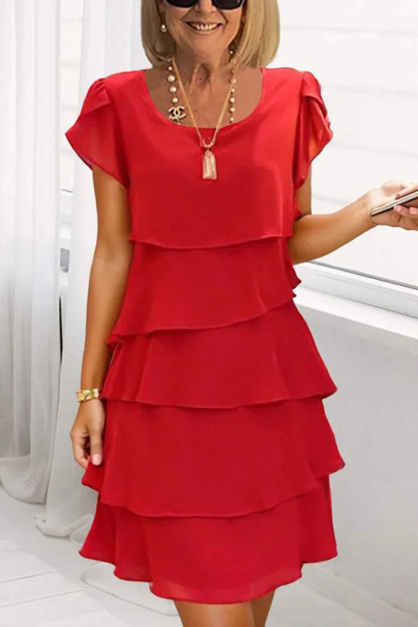 Solid Color Round Neck Short Sleeve Casual Multi-Layered Mini Dress, Red / 2XL Solid Color Round Neck Short Sleeve Casual Multi-Layered Mini Dress, Red / 2XL