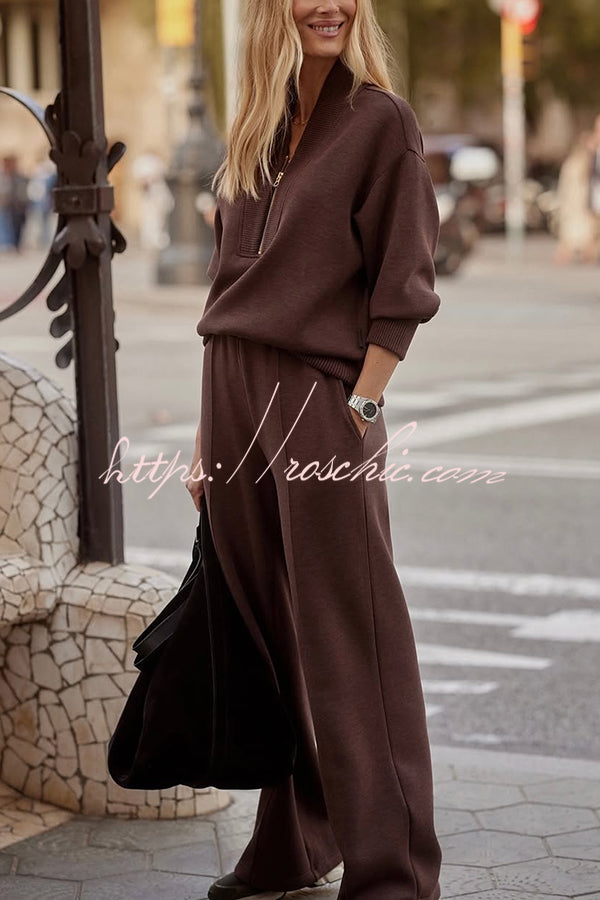 Meet The Autumn Ribbed Zipper Neck Sweatshirt and Elastic Waist Pocketed Loose Pants Set