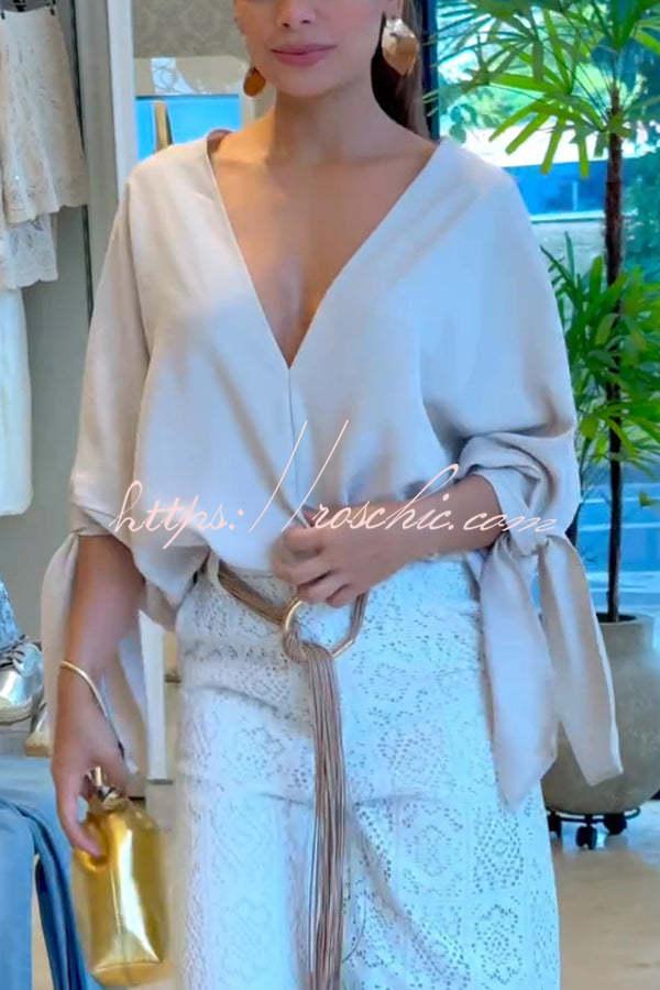 Joyful Bond Linen Blend V-neck Knotted Cuff Half Sleeve Loose Top