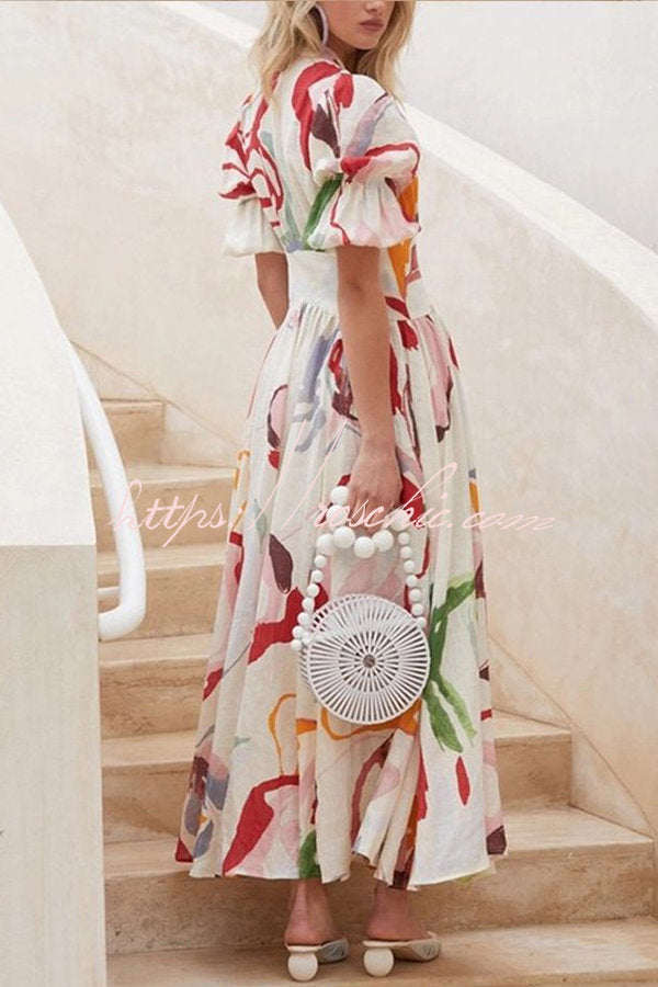 Lover's Gaze Watercolor Floral Printed Puff Sleeve Button Maxi Dress