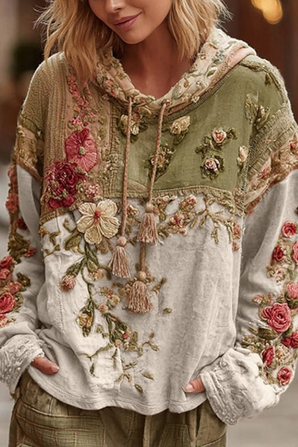 Floral Print Loose Hooded Long-Sleeved Sweatshirt