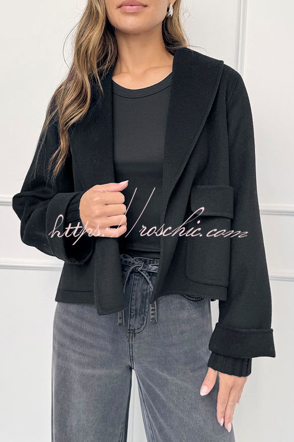 Comfortable Season Shawl Collar Open-front Long Sleeve Flap Pockets Crop Coat