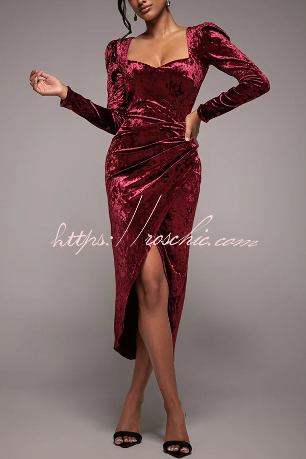 Solid Color Velvet Long-sleeved Slim-fit Slit Midi Dress