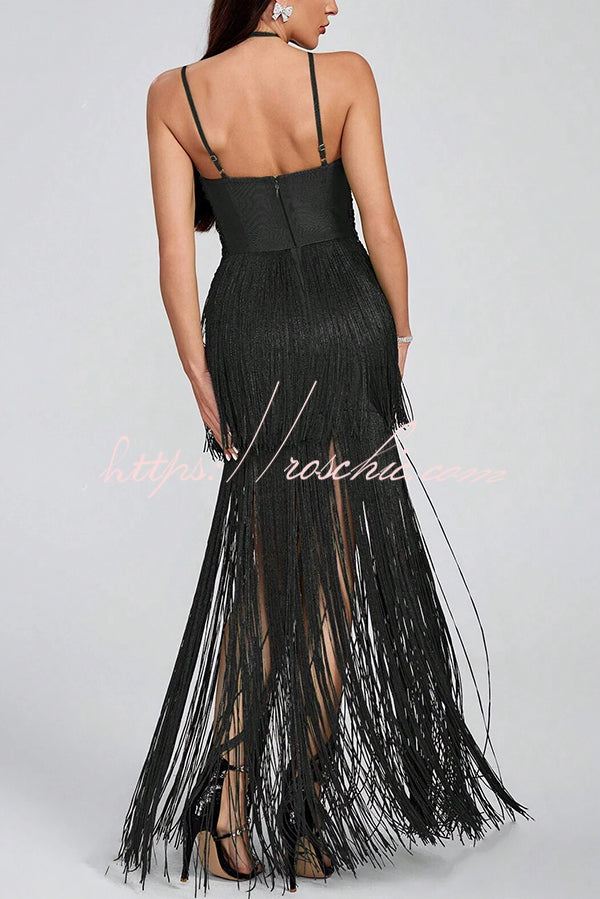 Sexy Halterneck Open Back Elegant Tassel Slim Maxi Dress