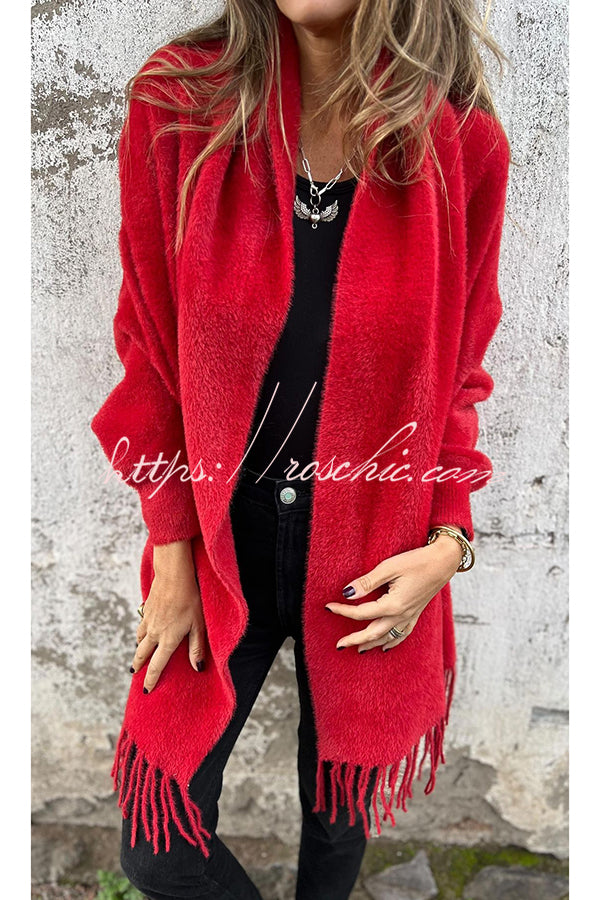 Warm Corner Knit Plush Tassel Trim Relaxed Shawl Cardigan