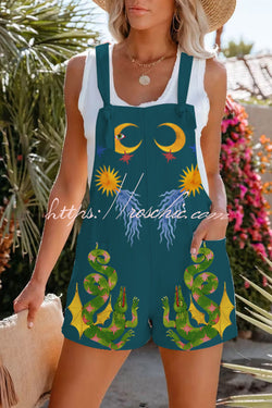 Heat Wave Linen Blend Unique Print Adjustable Strap Pocketed Romper