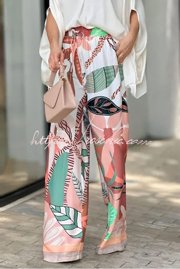 V Neck Bat Sleeve Top and Leaf Print Tie High Rise Wide Leg Pants Suit