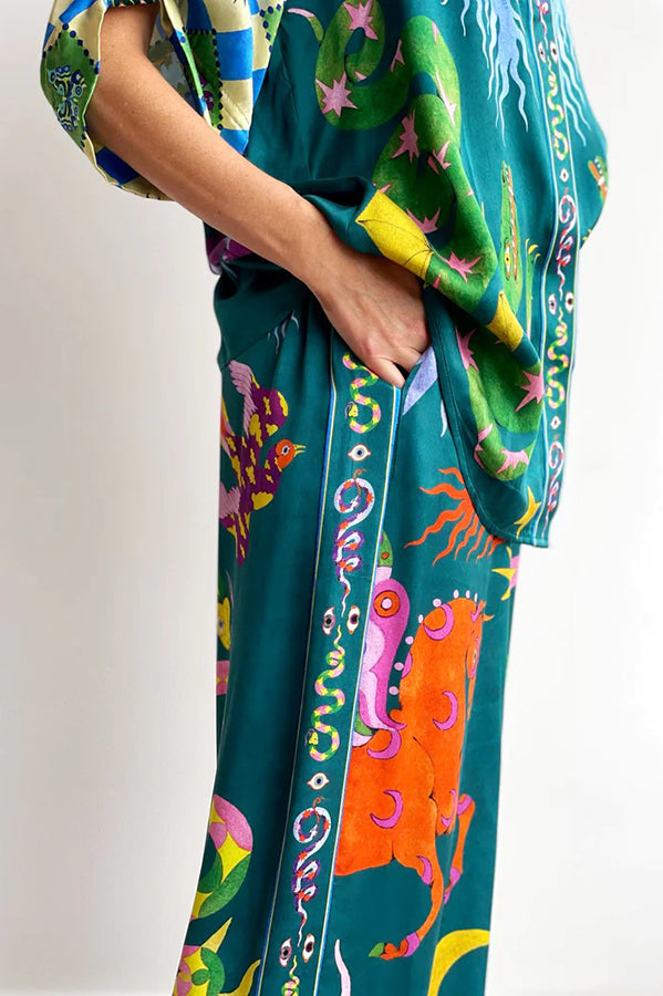 Pierson Linen Blend Unique Print Elastic Waist Pocketed Wide Leg Pants