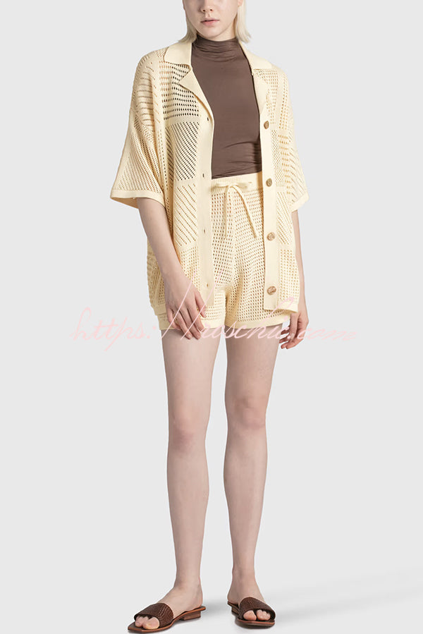 Casual Knitted Hollow Shirt Top and Elastic Waist Tie Loose Shorts Set