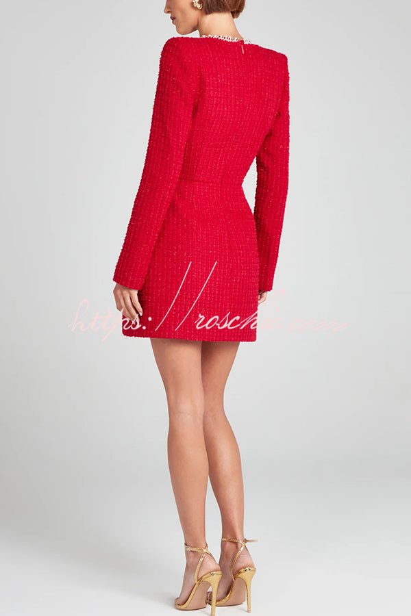 Girly and Glamorous Tweed Fabric Pearl Trim Long Slit Sleeve Pocketed Mini Dress