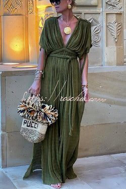 Greek Style Linen Blend Draped Braids Kimono Cover Up Slit Maxi Dress – roschic