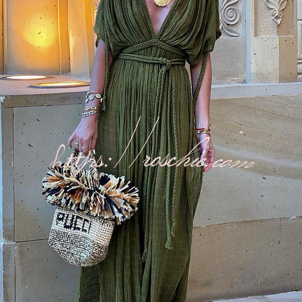 Greek Style Linen Blend Draped Braids Kimono Cover Up Slit Maxi Dress –  roschic
