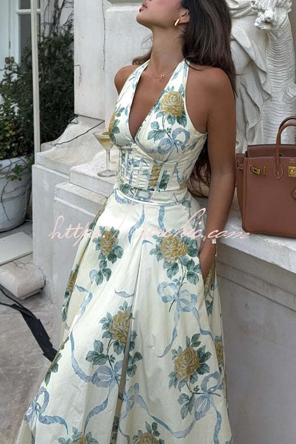 Resort Star Floral Print Waist Halterneck Tie Pocket Midi Dress