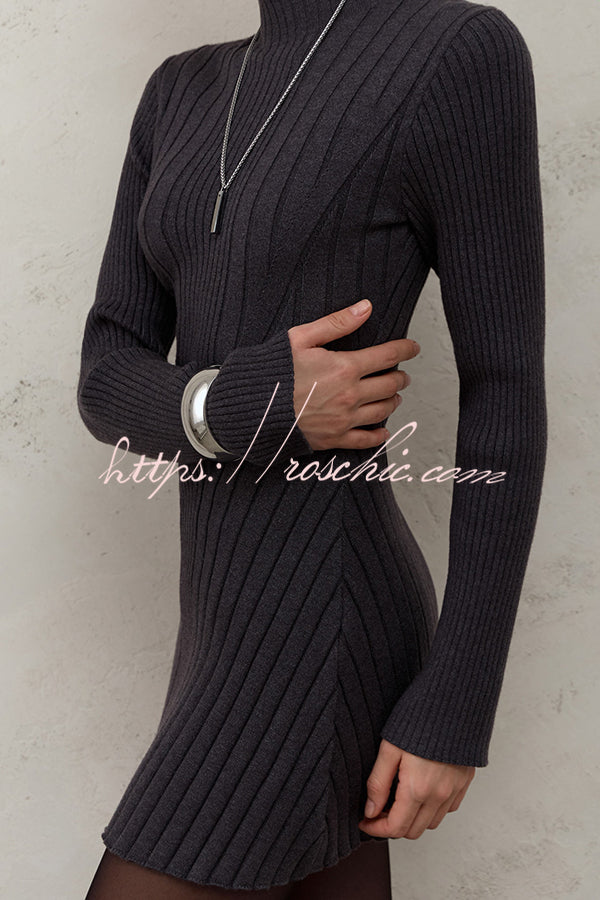 Solid Color Long-sleeved Slim-fit Elegant Knitted Mini Dress