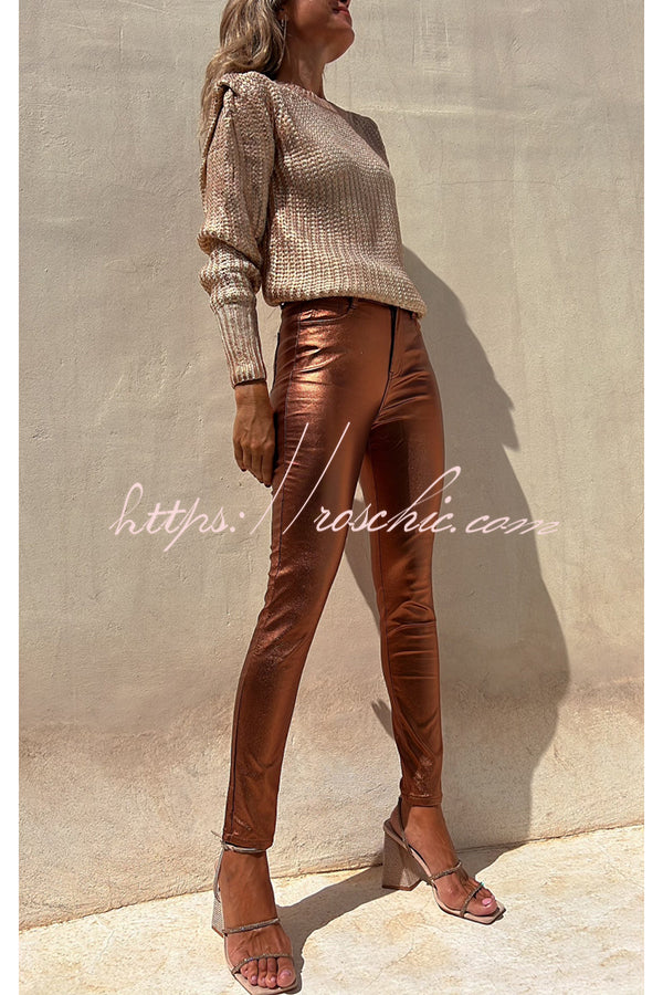 Sweet and Glitzy Metallic Color Pocket Faux Leather Stretch Pants