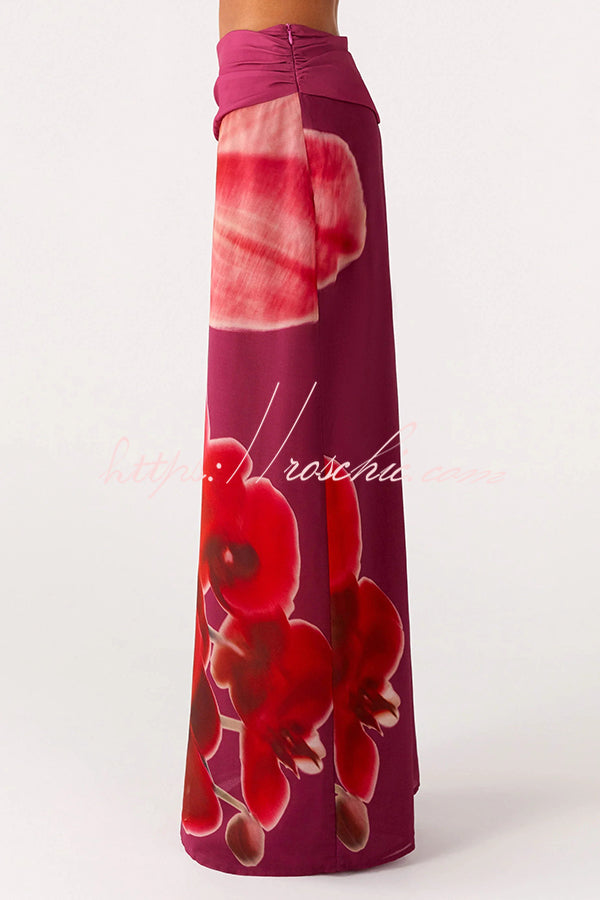 Sexy Deep V Backless Draped Camisole Top and Floral Print Chiffon Maxi Skirt Set