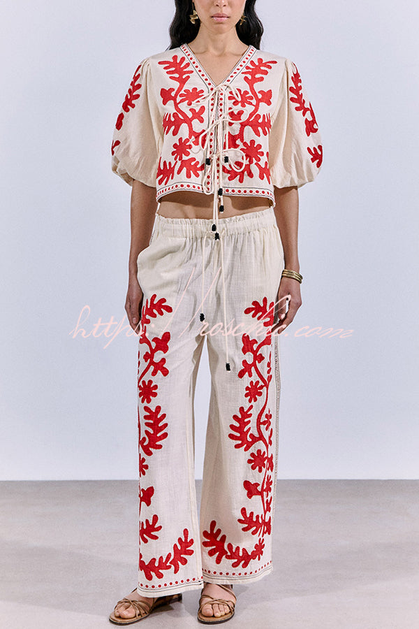 Till Sunset Linen Blend Unique Print Elastic Waist Pocket Wide Leg Pants