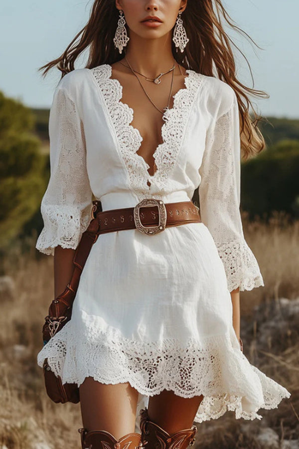 Solid Color V-neck Lace Trim Slim-fit Mini Dress Solid Color V-neck Lace Trim Slim-fit Mini Dress