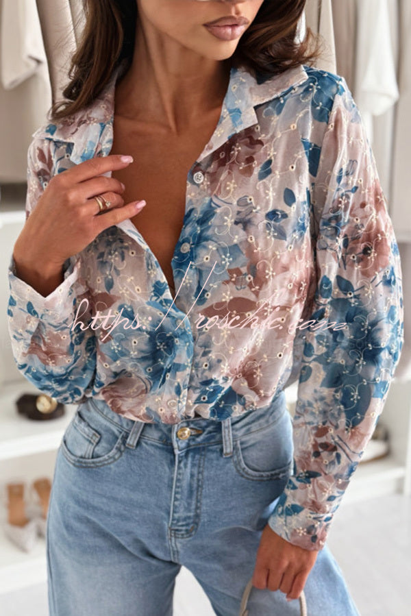Floral Print Lapel Long Sleeve Casual Shirt