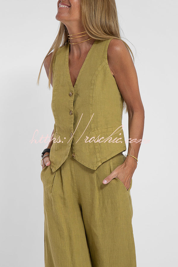 Eddie Linen Blend Button Vest and Elastic Waist Pocketed Wide Leg Pants Set