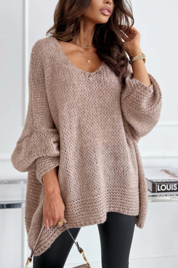 Solid Color Loose V-neck Casual Knitted Sweater