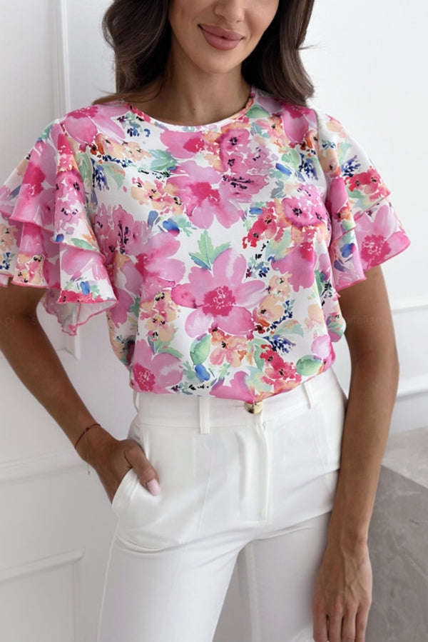 Floral Print Ruffle Sleeve Crew Neck Short Sleeve Top