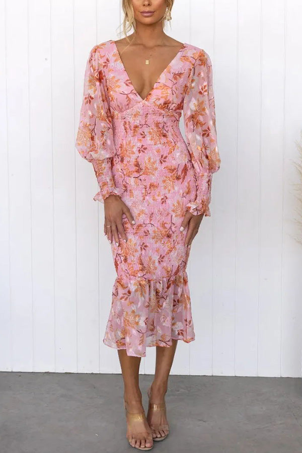 smocked waist midi dress Garden Gathering Floral Smocked Waist Midi Dress Pink / M (10)