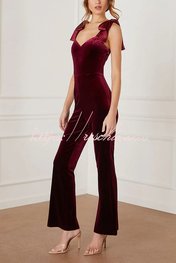 Merlot Sippin' Velvet Shoulder Tie Flare Stretch Jumpsuit