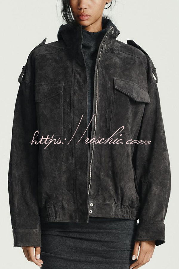 Fashionable Suede Loose Pocket Leather Jacket