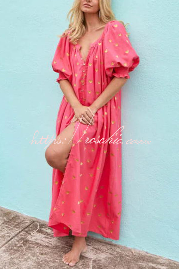 Valentine's Day Gold Heart Print Puff Sleeve Button Pocketed Loose Maxi Dress