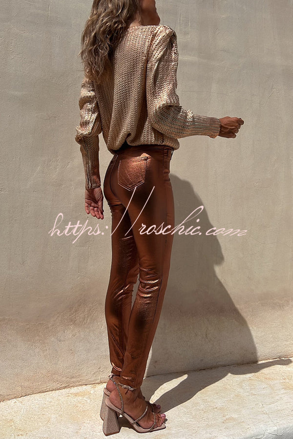 Sweet and Glitzy Metallic Color Pocket Faux Leather Stretch Pants