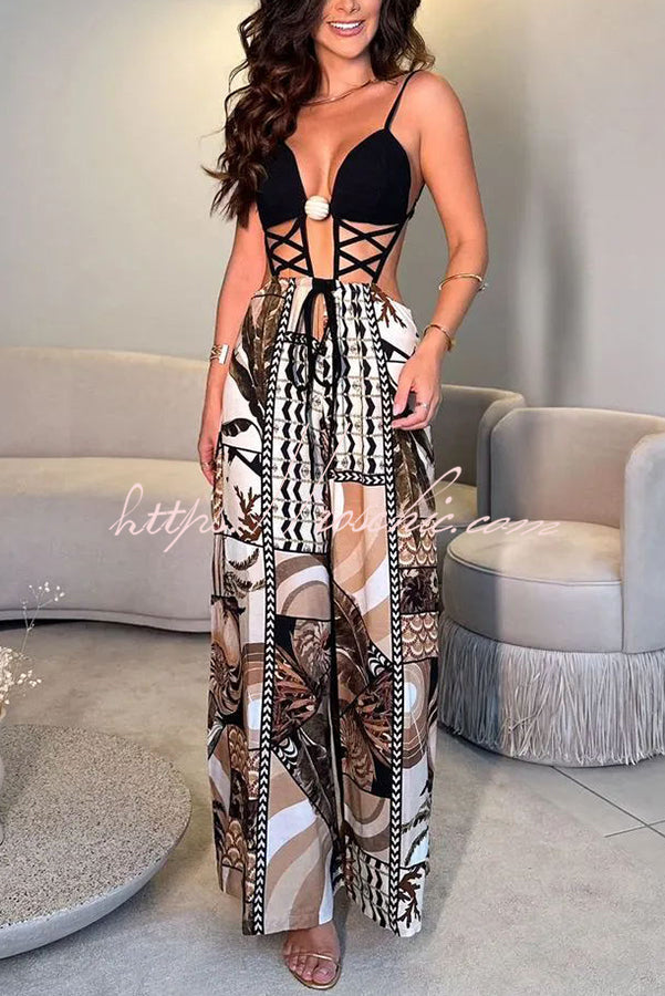 Tulum Dreaming Strap Cross Design Patchwork Printed Elastic Waist Backless Jumpsuit