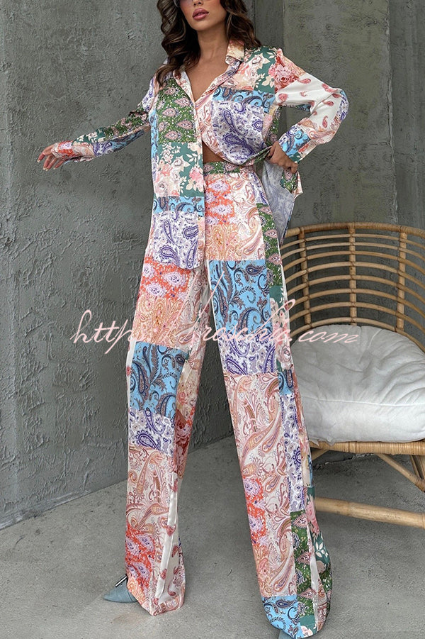 Unique Ethnic Print Long-sleeved Shirt and Elastic Waist Pants Set