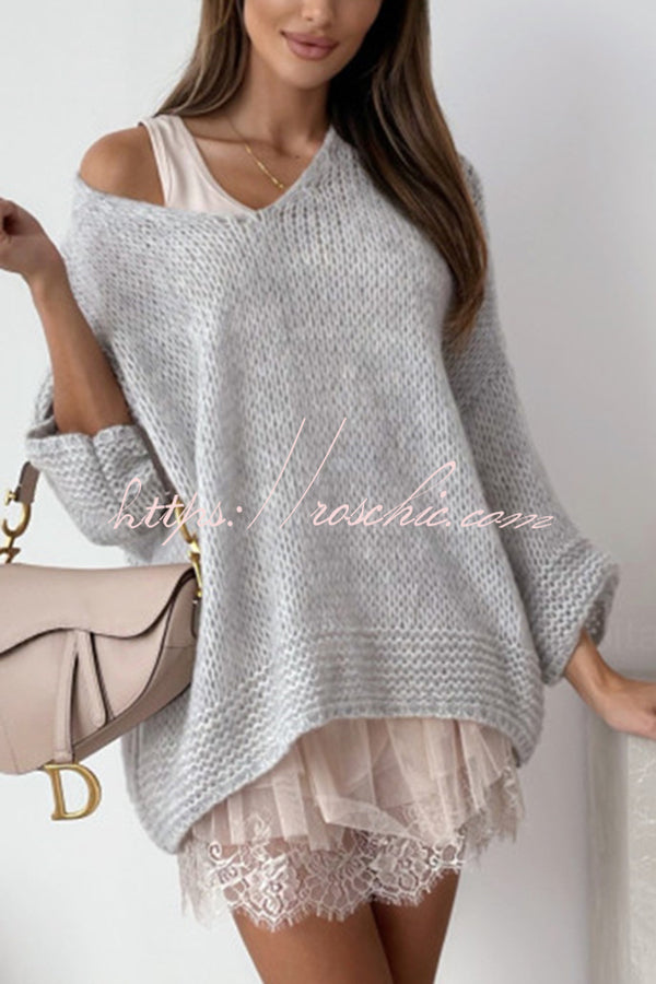 Solid Color Loose V-neck Casual Knitted Sweater