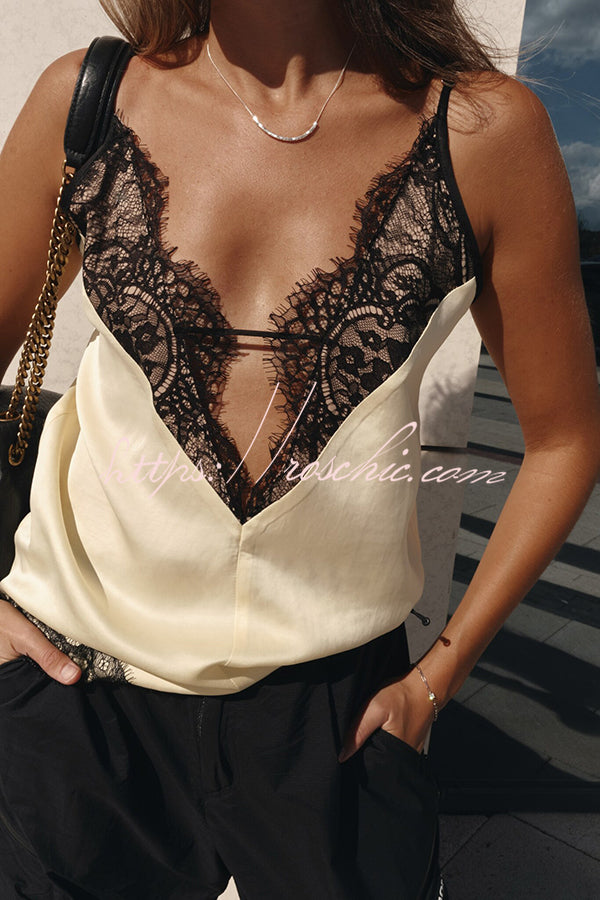 Versatile and Elegant Items Lace Petal Trim Cutout V-neck Slip Loose Tank